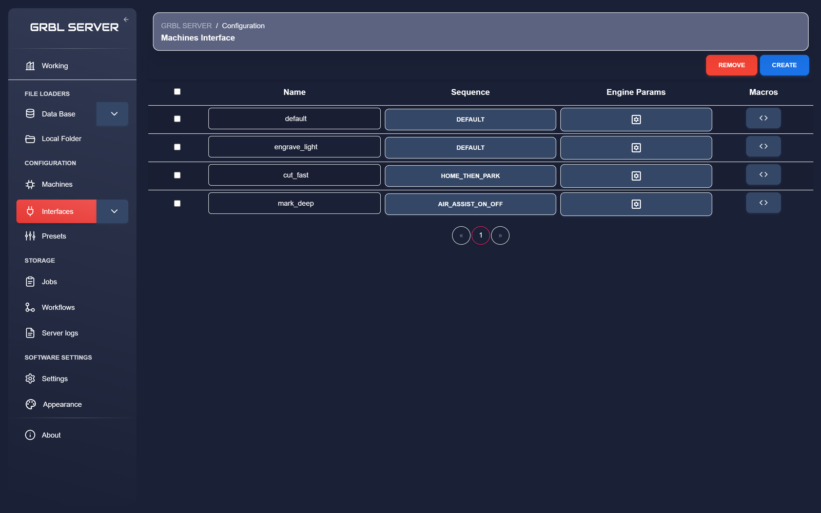 GRBL Server Interfaces page showing four interfaces — default, engrave_light, cut_fast and mark_deep — each with its sequence, engine parameters and macros