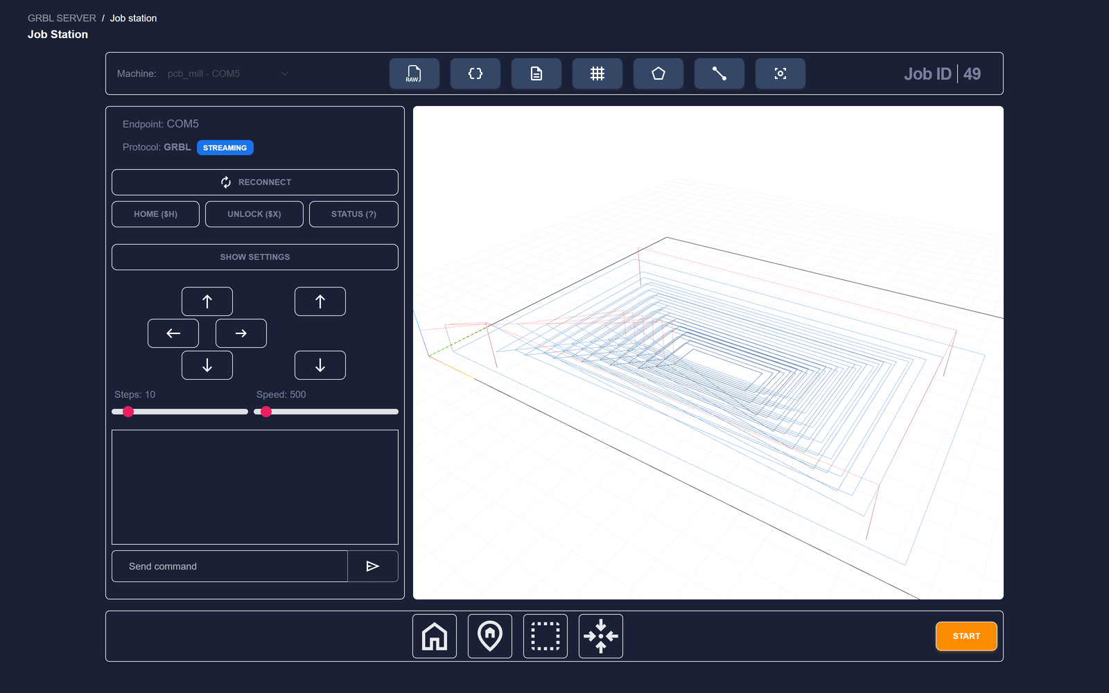 GRBL Server Job Station showing the 3D G-code preview of a PCB isolation job — orbitable toolpaths colored by cut depth above a grid representing the material surface, with the surface-leveling probe dialog open