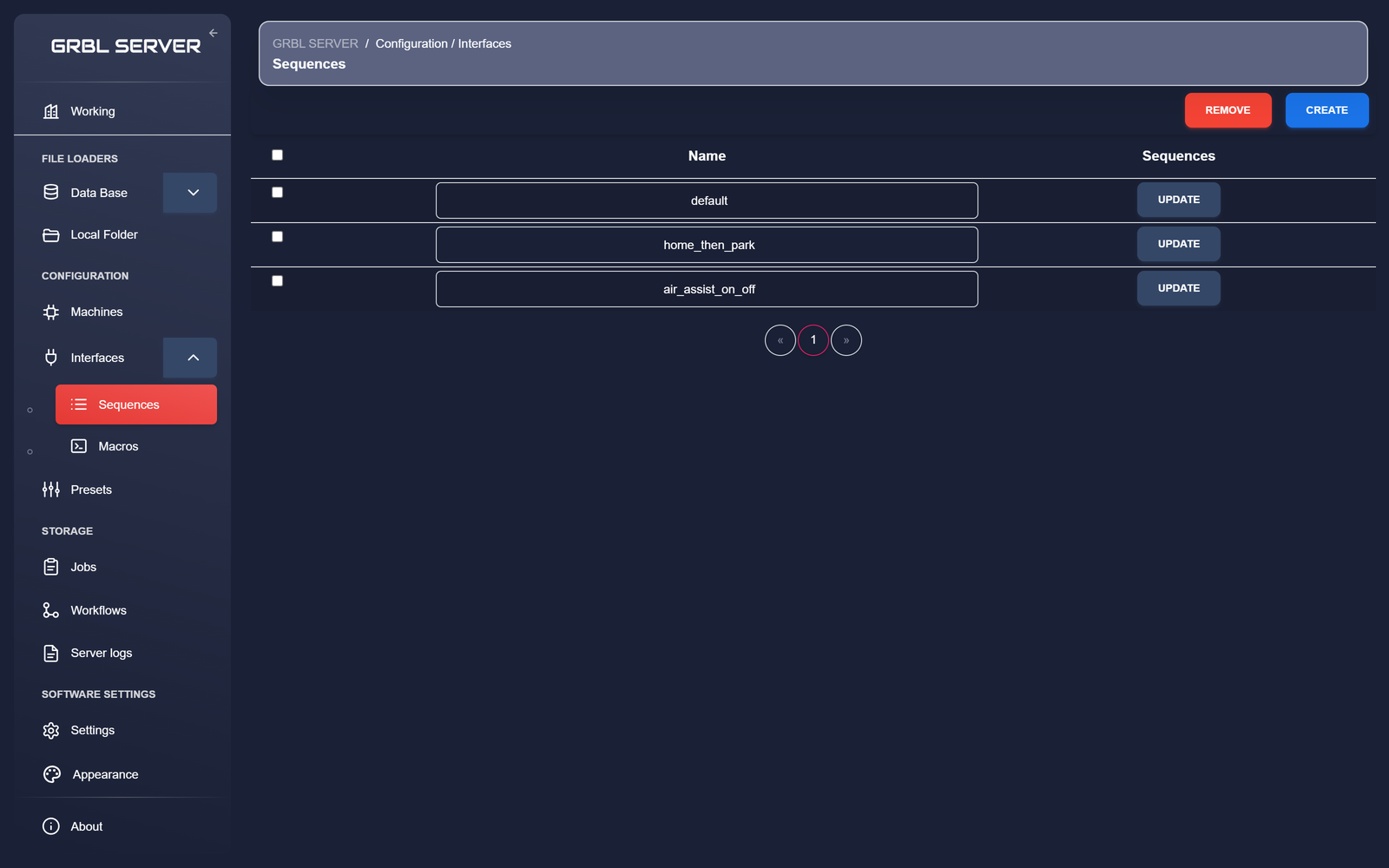 GRBL Server Sequences page showing three sequences — default, home_then_park and air_assist_on_off — each with an update action