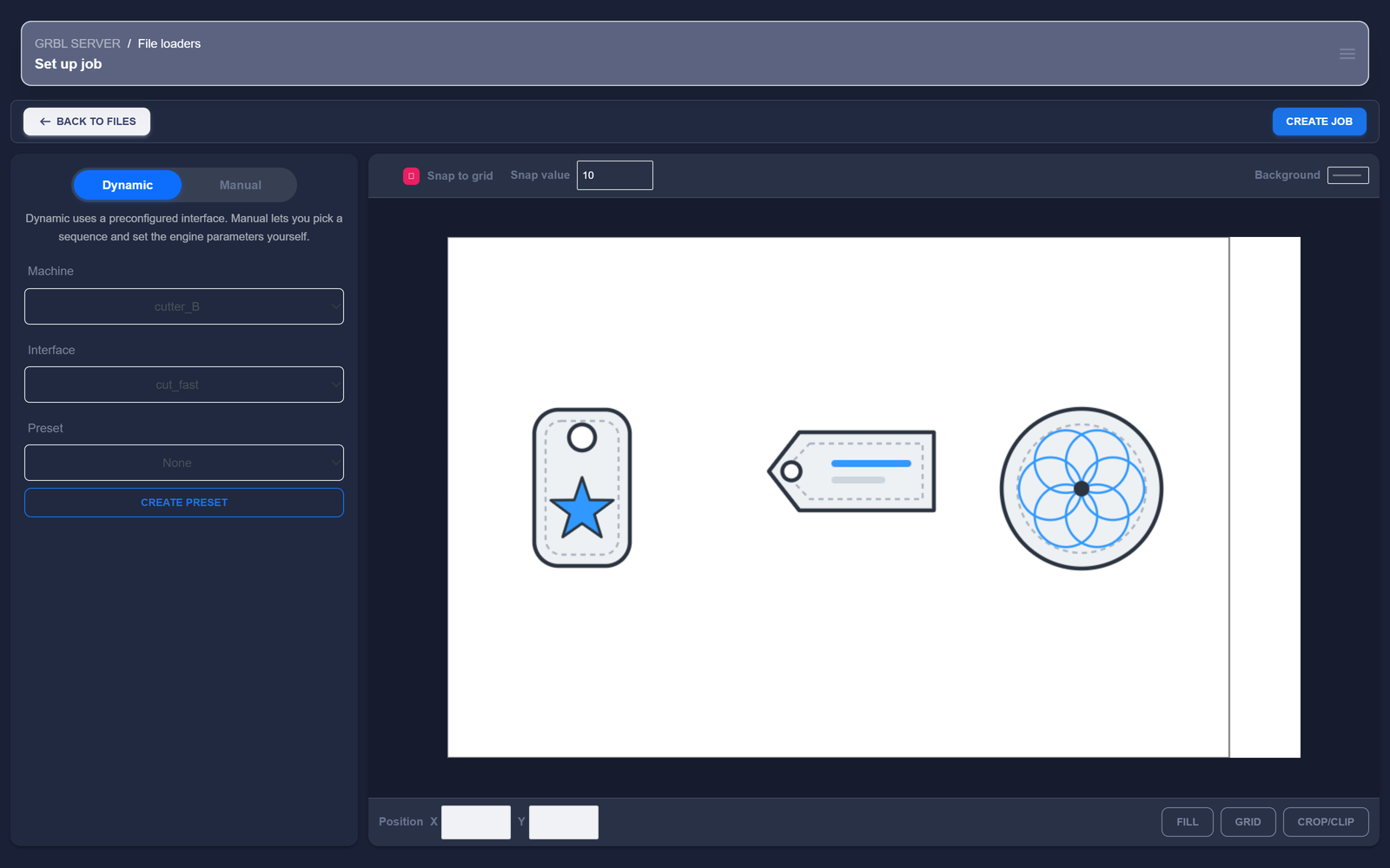 GRBL Server Set up job page — a settings panel with a Dynamic/Manual mode toggle and machine, interface and preset selectors on the left, and a pre-visualizer canvas on the right showing three SVG files arranged on the machine bed