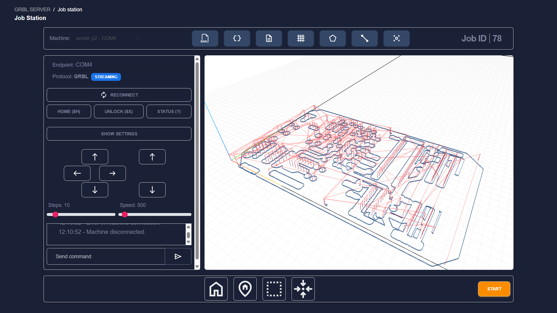 GRBL Server set up job page showing a pcb milling and drilling job