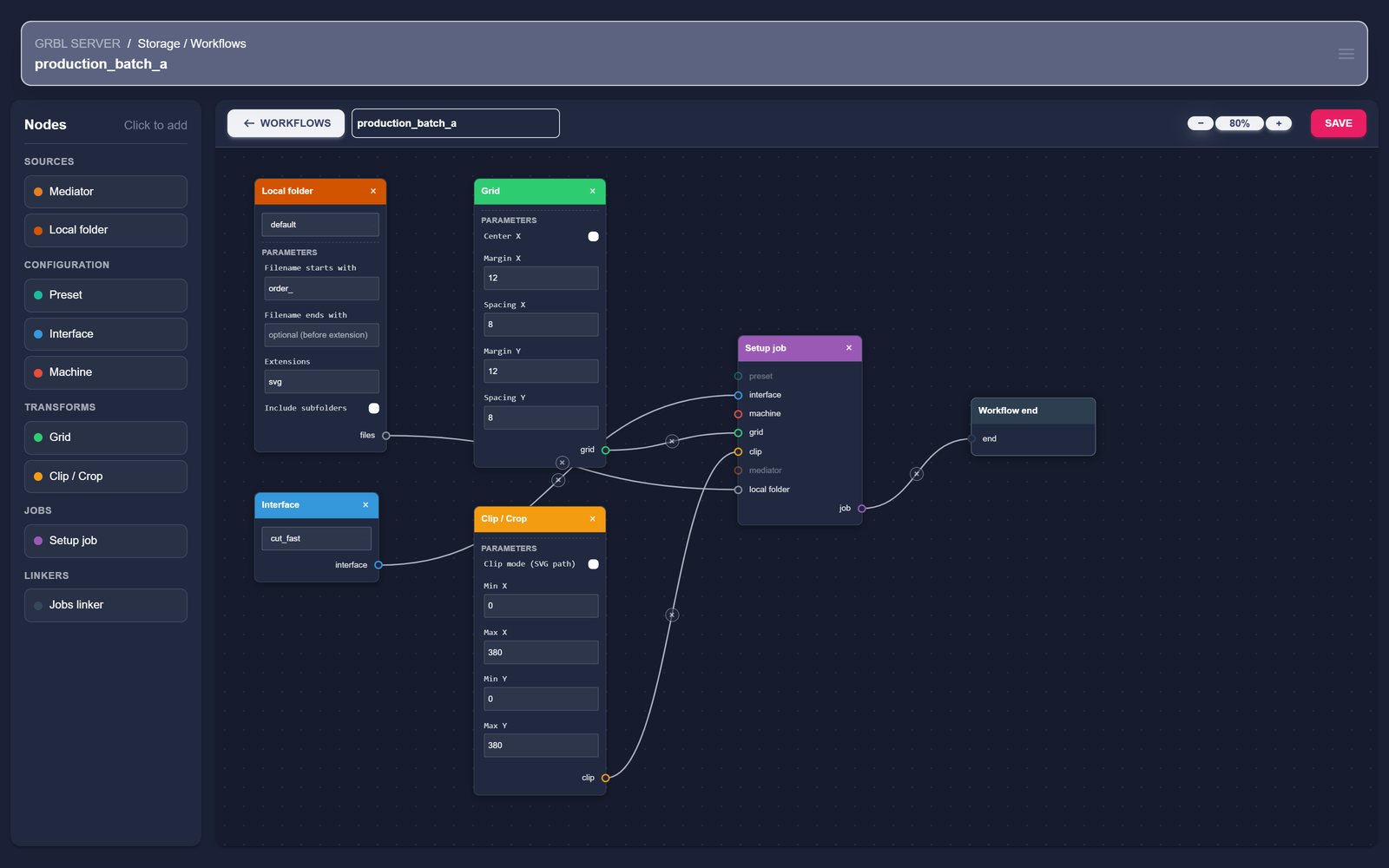 GRBL Server workflows list with production_batch_a and acrylic_run_b workflows, each with Open, Compile, Run and Delete actions