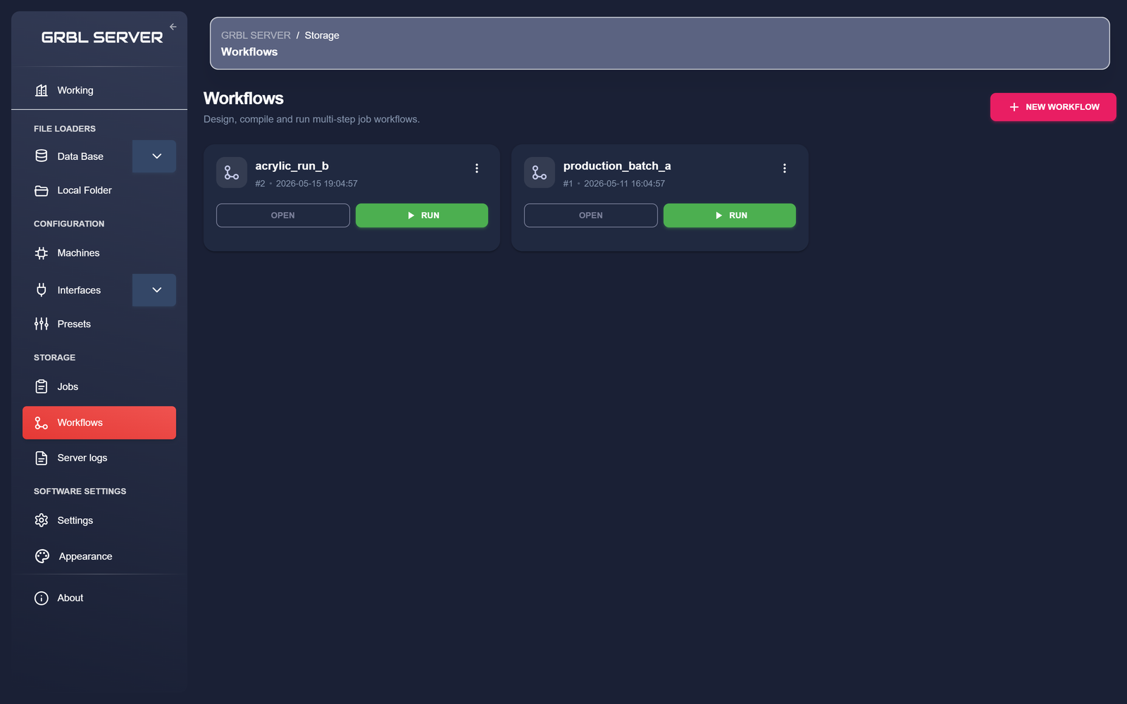 GRBL Server Workflows page listing two saved workflows: acrylic_run_b and production_batch_a, each with Open, Compile, Run and Delete action buttons